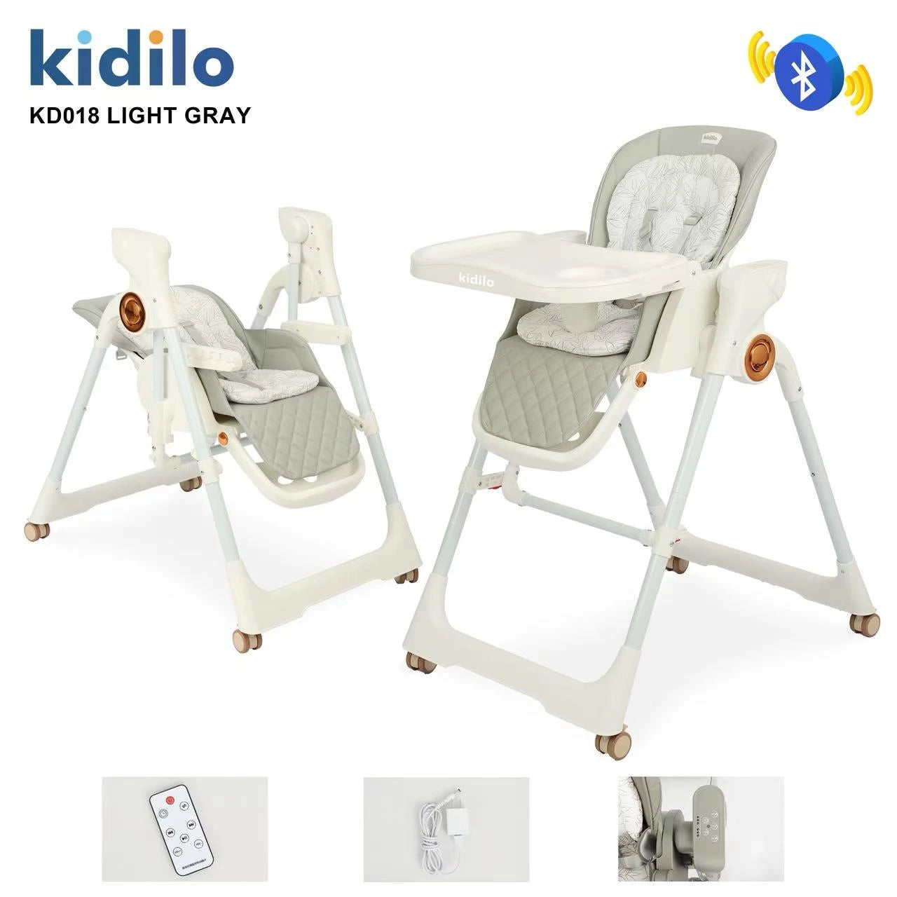 Kidilo KD018 Electric Baby High Chair & Rocking Swing | Bluetooth Music, Remote Control & Control Panel | Detachable Feeding Tray | Adjustable Recline | 5-Point Harness | Foldable Design | Lockable Wheels