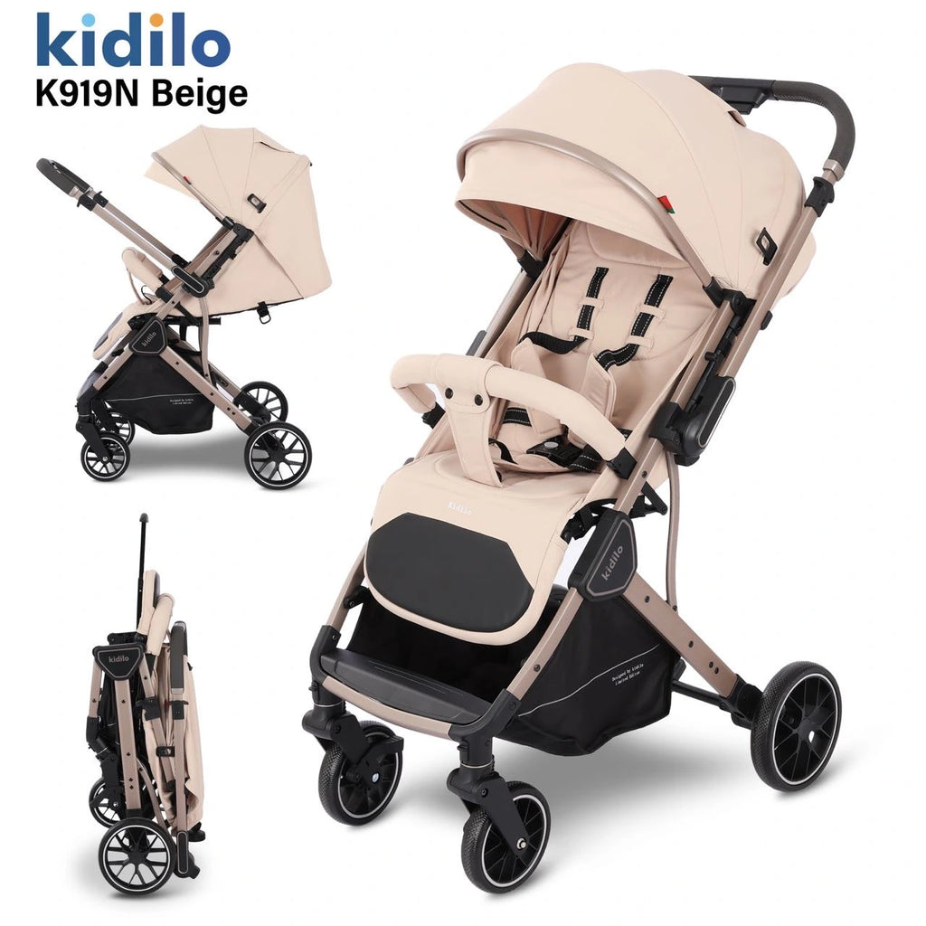 Kidilo K919N Baby Stroller – Reversible Seat, Compact Fold, Large Wheels, Adjustable Recline & Extendable Canopy