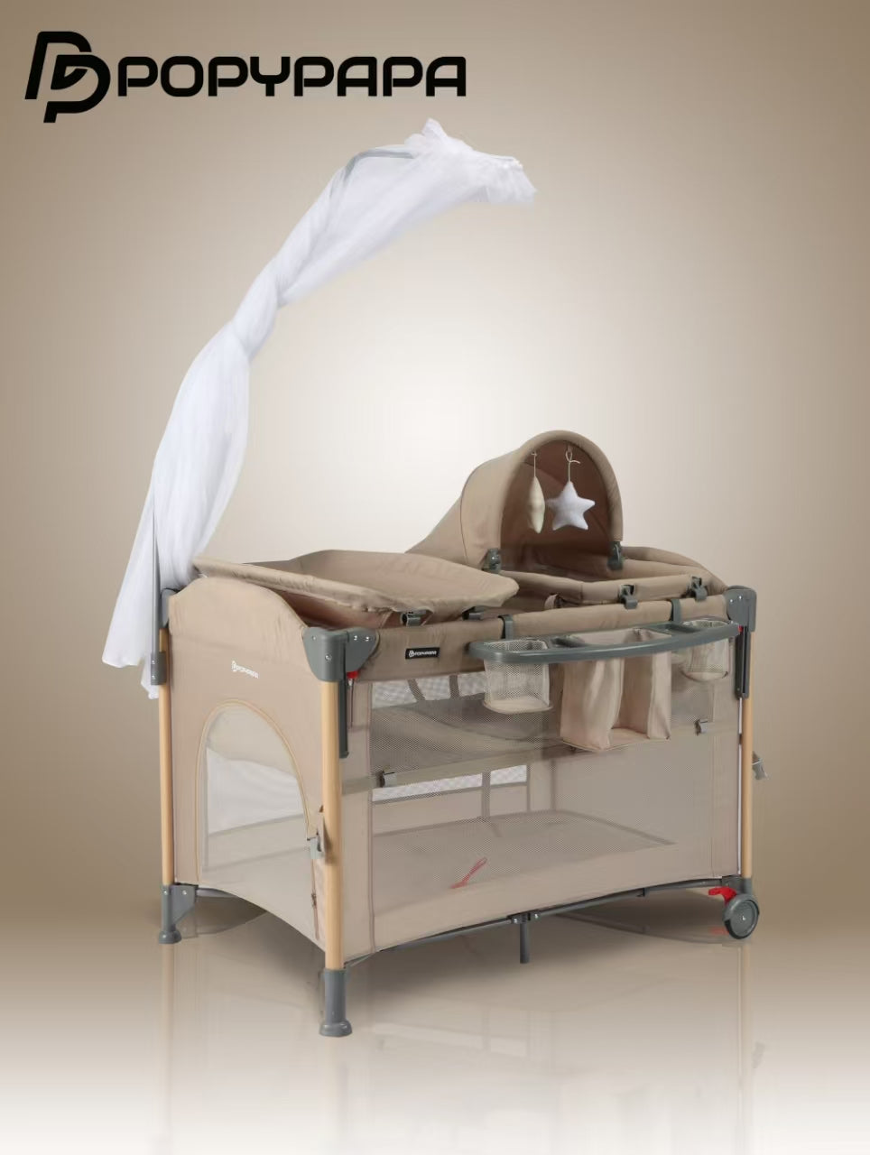 PopyPapa Multifunctional Baby Playard With Portable Baby Bed, Canopy, Changing Station, Storage Organizer And Wheels