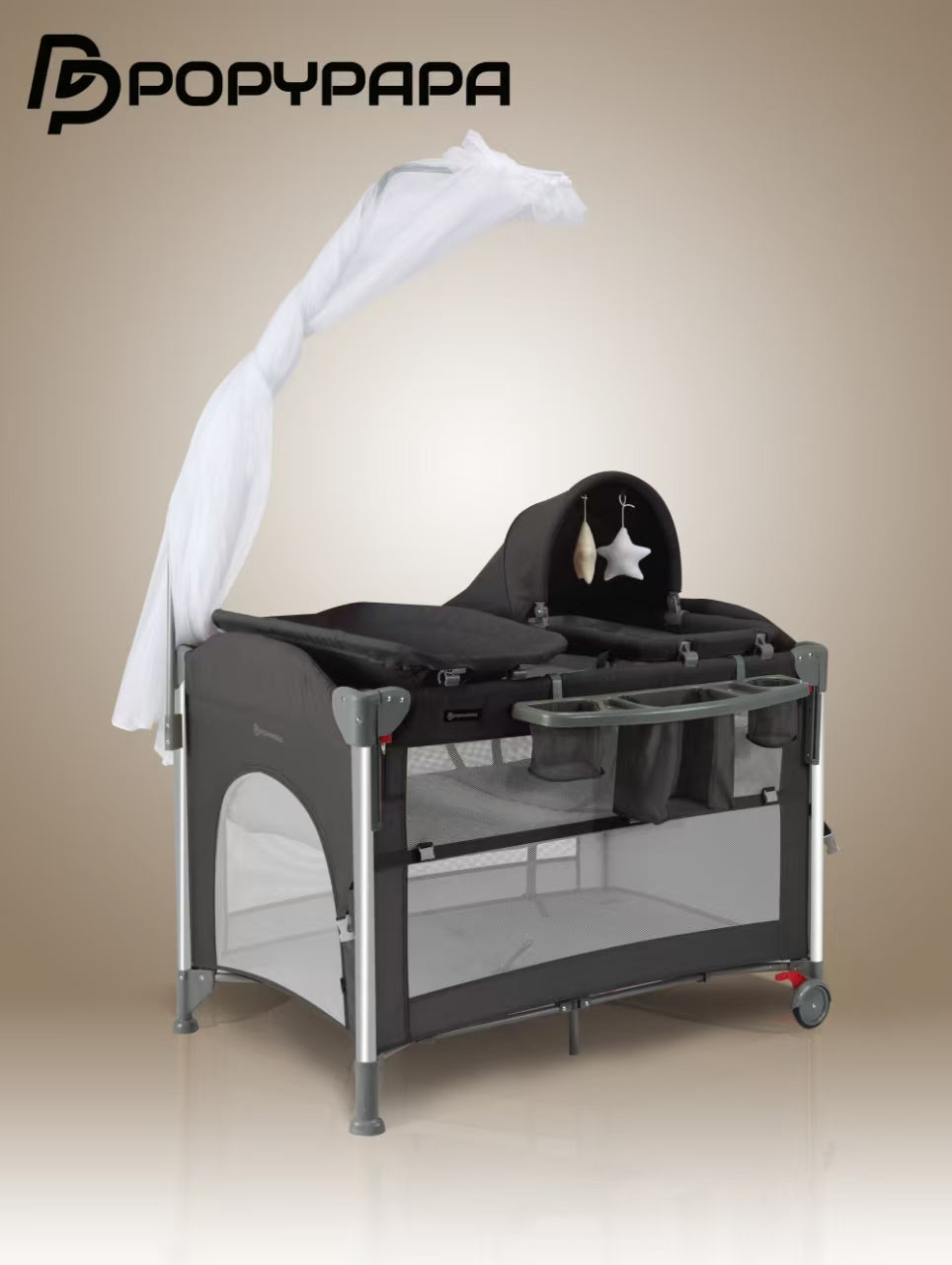 PopyPapa Multifunctional Baby Playard With Portable Baby Bed, Canopy, Changing Station, Storage Organizer And Wheels