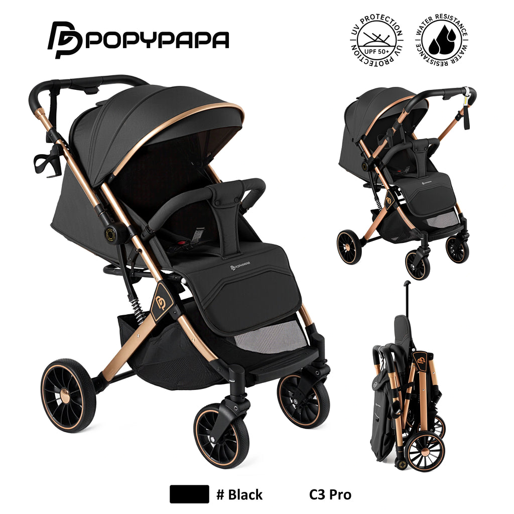 PopyPapa C3 Pro Premium Foldable Baby Stroller with UPF 50+ Canopy, Safety Harness and Travel-Friendly Compact Design