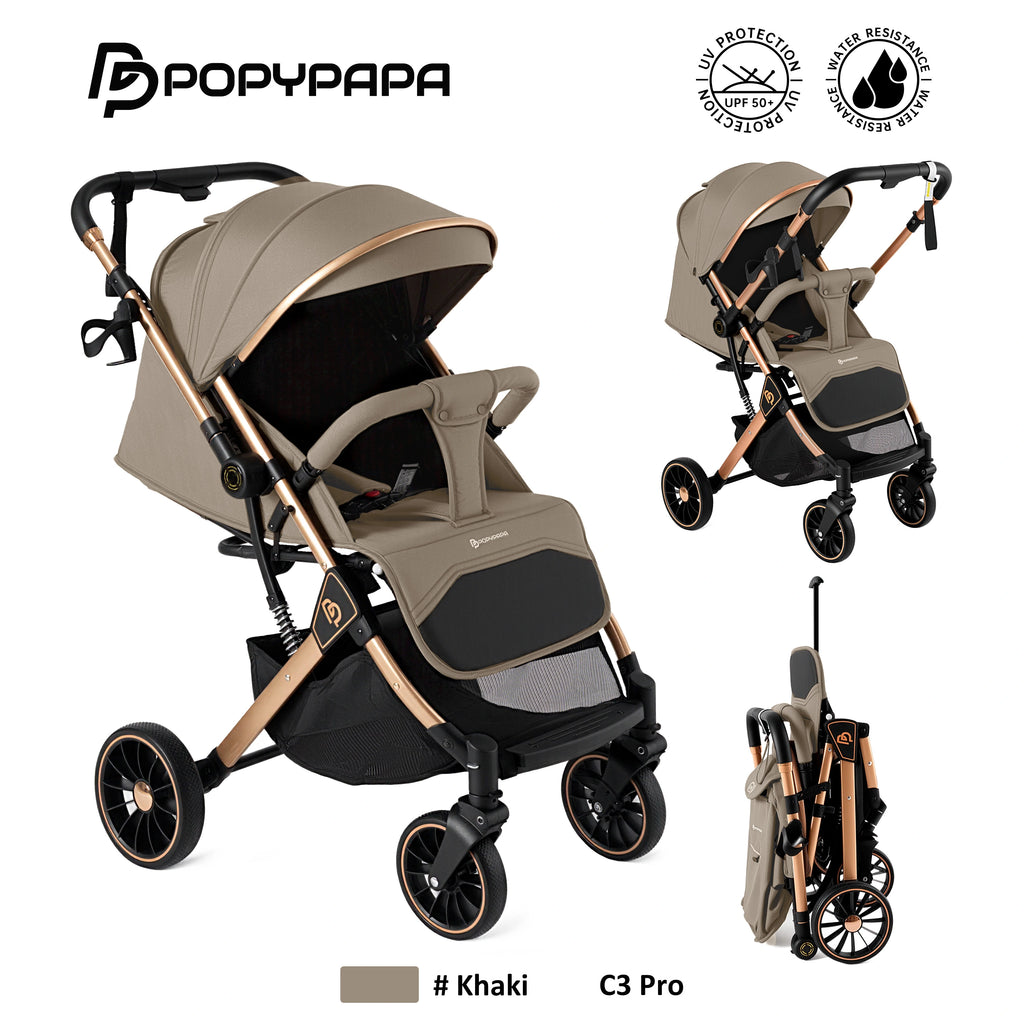 PopyPapa C3 Pro Premium Foldable Baby Stroller with UPF 50+ Canopy, Safety Harness and Travel-Friendly Compact Design