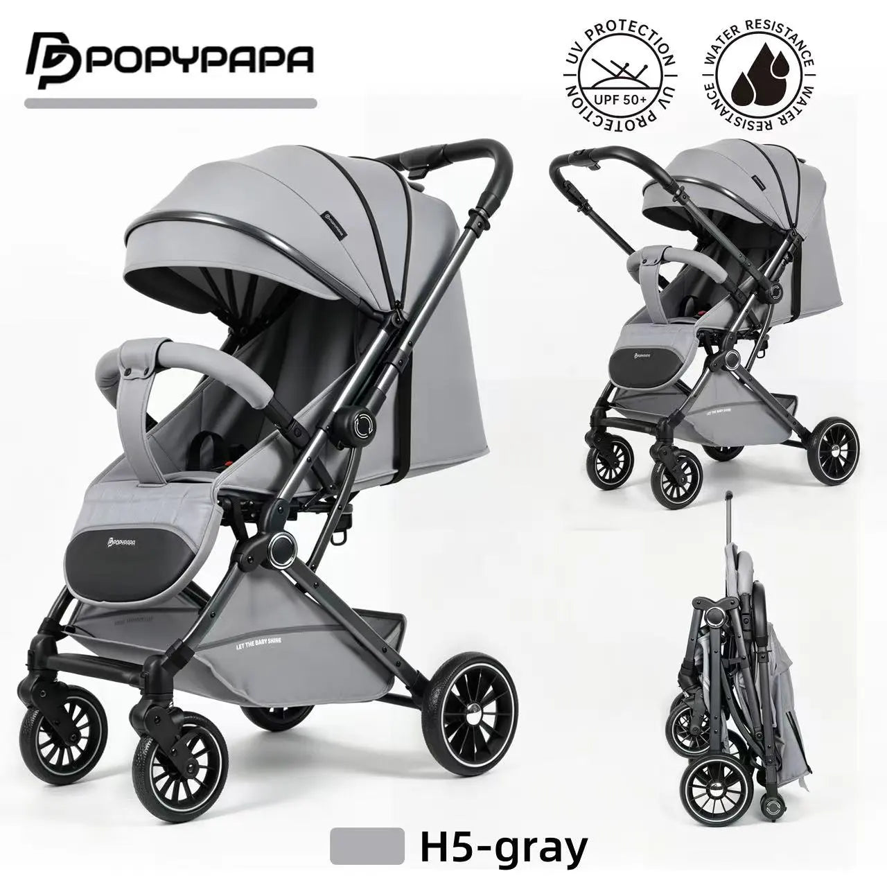 PopyPapa H5 Premium Foldable Baby Stroller With UPF 50+ Canopy, Safety Harness, Smooth Wheels And Travel-Friendly Compact Design