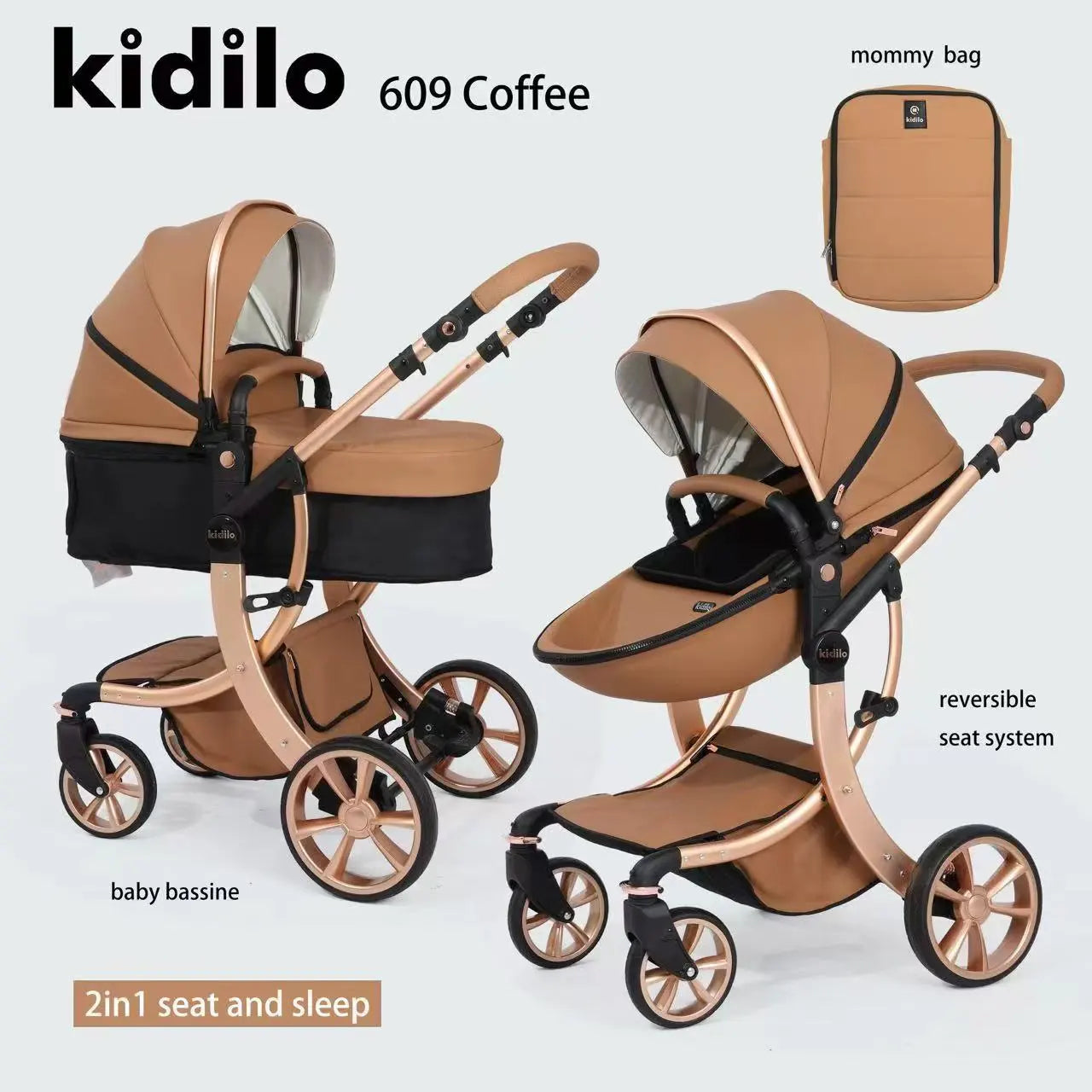 Kidilo 609 2-in-1 Baby Stroller Pram | Convertible Bassinet for Newborn | Reversible Reclining Seat for Toddler | Adjustable Canopy | Shock-Absorbing Wheels | Compact Fold | Storage Basket | Mommy Bag