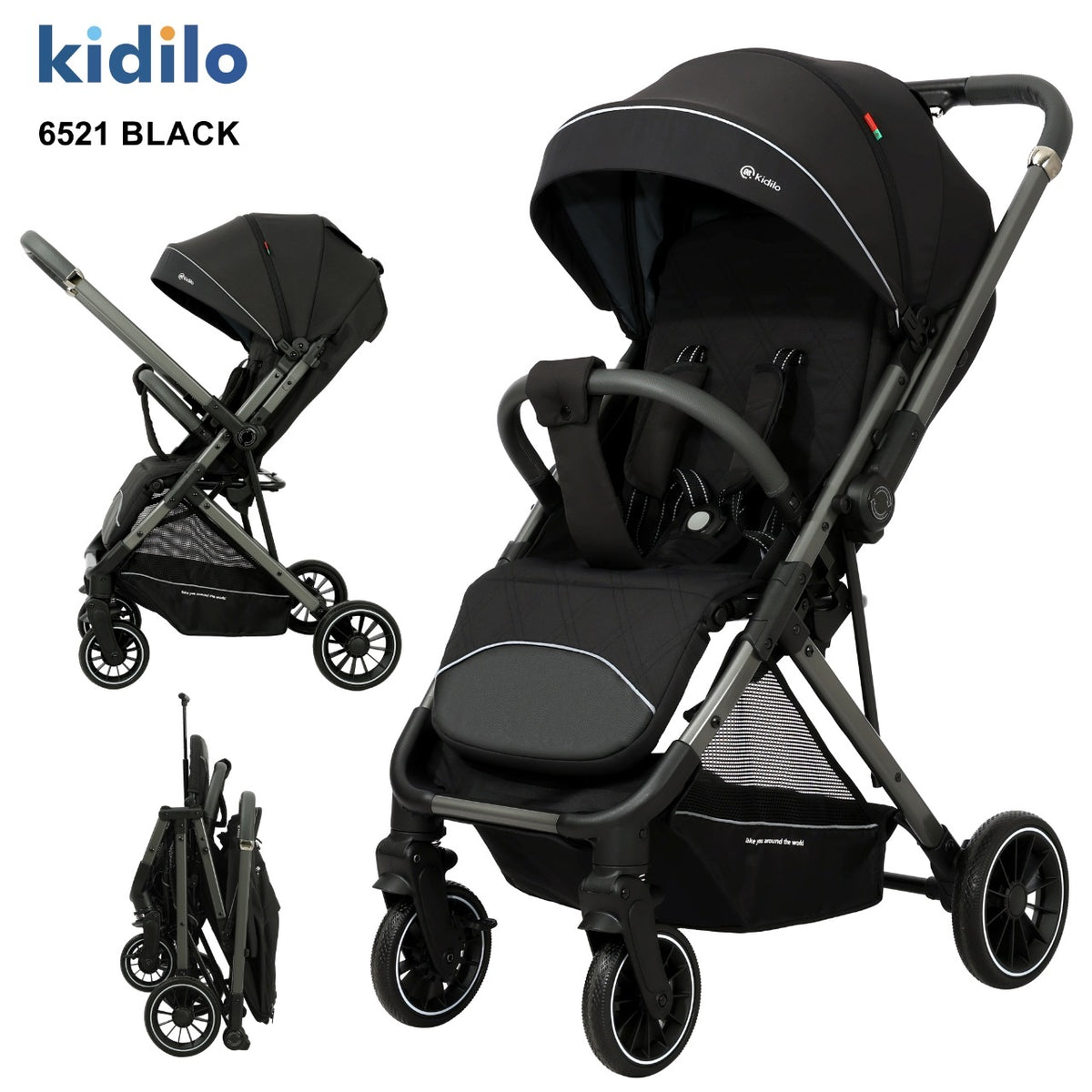 Kidilo 6521 Compact Foldable Baby Stroller with Reversible Seat, Large Canopy & Storage Basket