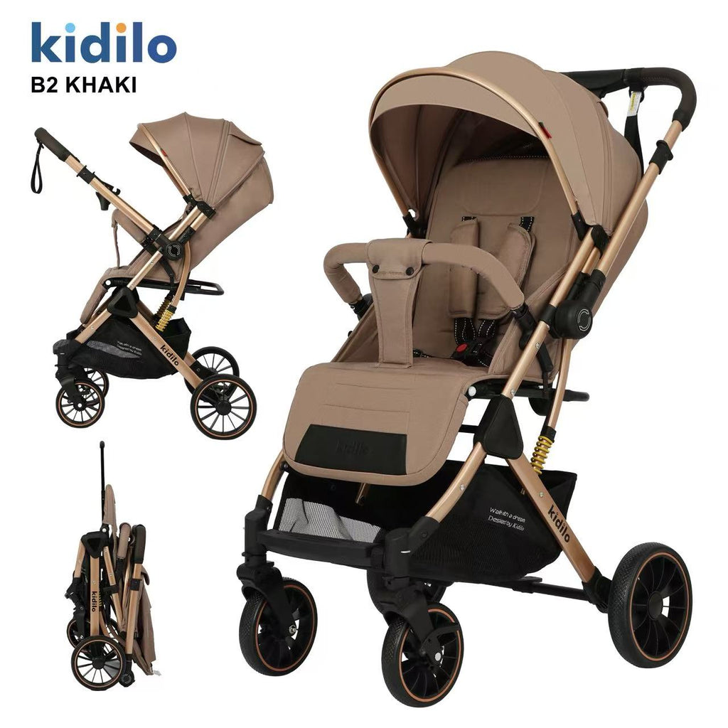 Kidilo B2 Baby Stroller with Large Rear Wheels, Compact Fold, Sun Canopy, Safety Harness, Shock Absorbing Design, Front Swivel Wheels, Spacious Storage Basket, Comfortable Seat for Daily Travel
