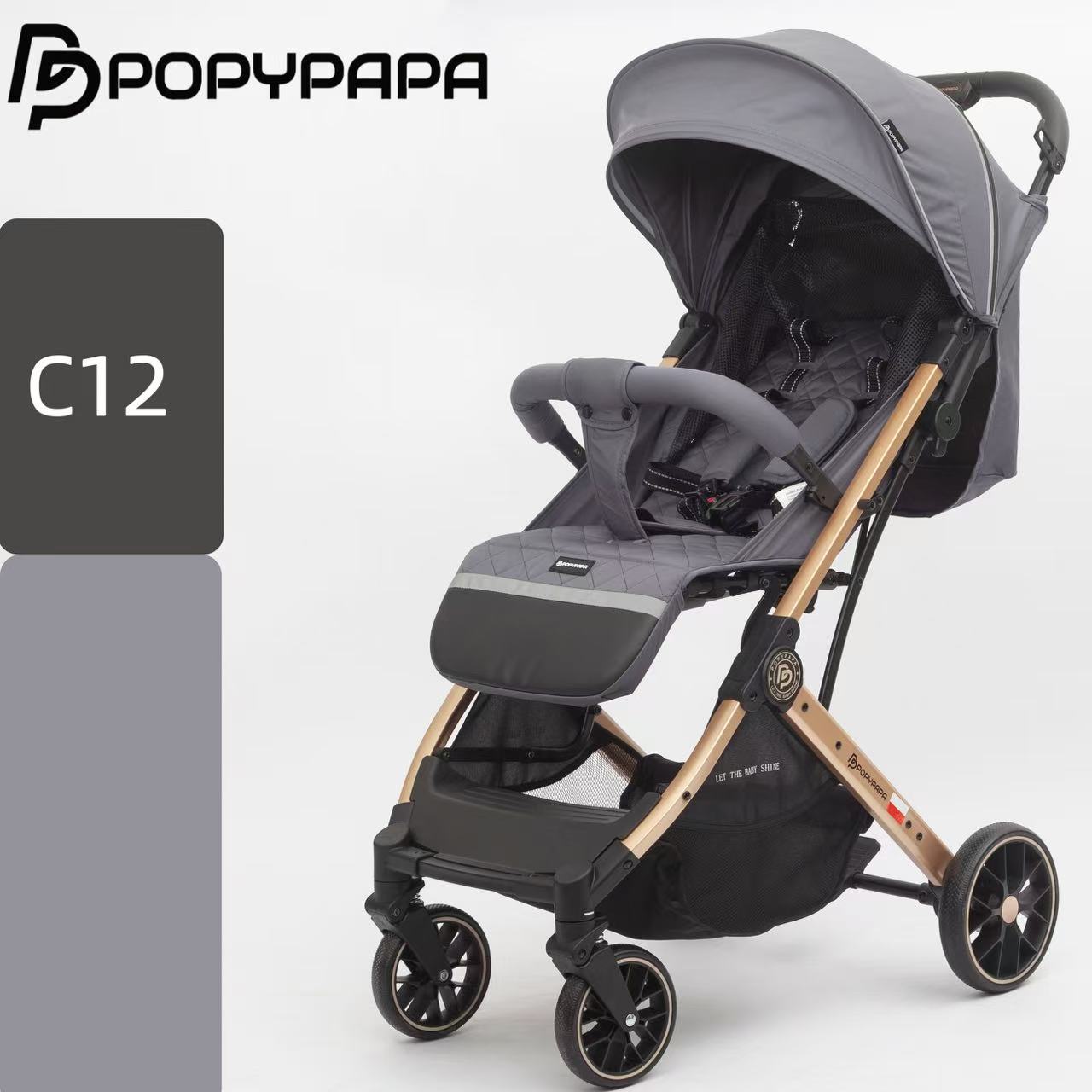 POPYPAPA C12 Baby Stroller – Large Wheel Baby Stroller with Multi-Position Recline, Extendable Canopy, 5-Point Harness & Storage Basket