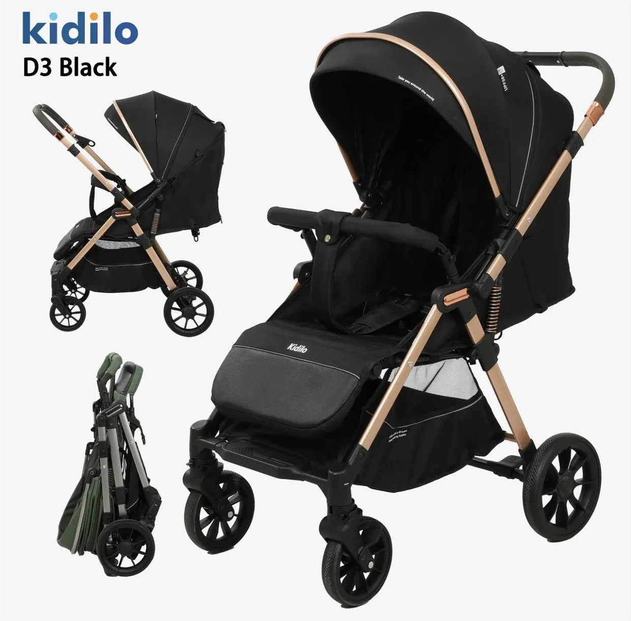 Kidilo D3 Baby Stroller | Compact One-Hand Fold | Multi-Position Recline Seat | Large Extendable Canopy | Shock-Absorbing Wheels | 5-Point Harness | Large Storage Basket