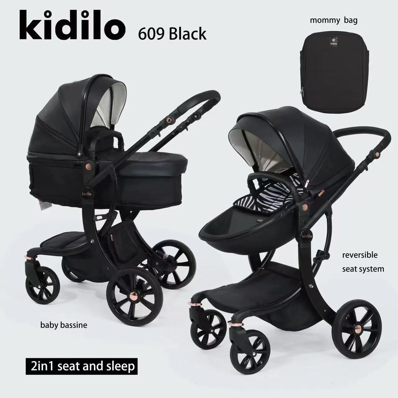 Kidilo 609 2-in-1 Baby Stroller Pram | Convertible Bassinet for Newborn | Reversible Reclining Seat for Toddler | Adjustable Canopy | Shock-Absorbing Wheels | Compact Fold | Storage Basket | Mommy Bag