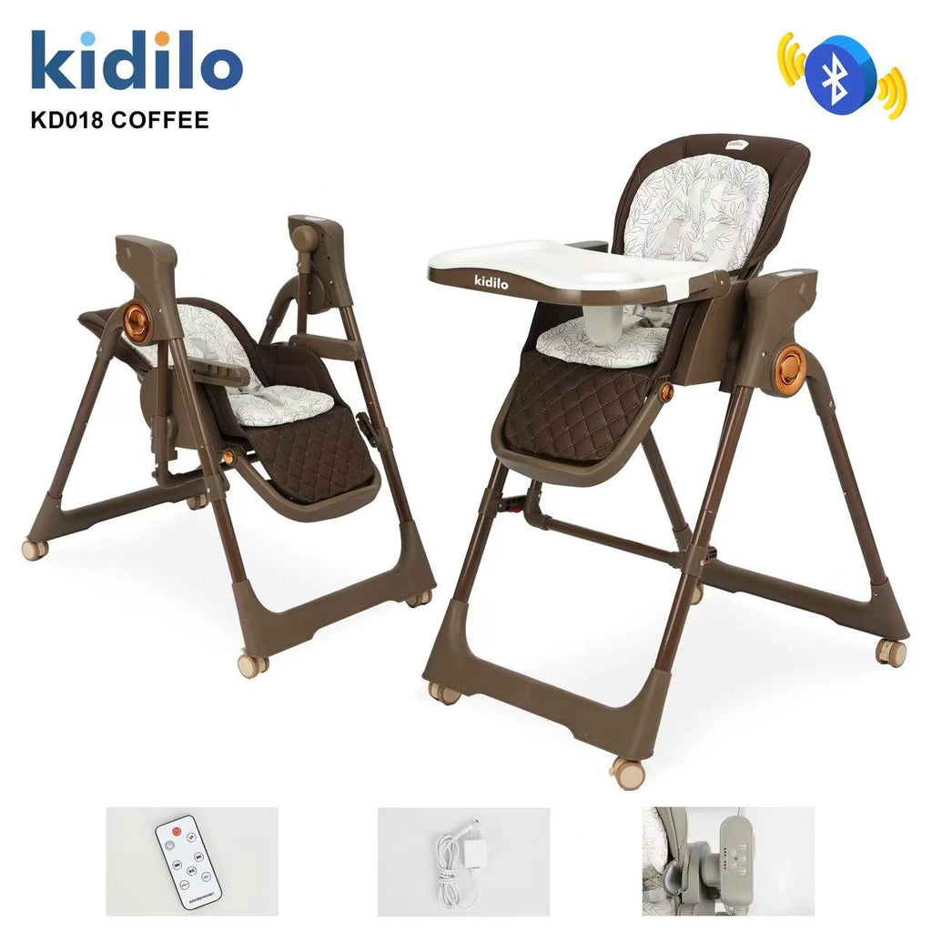 Kidilo KD018 Electric Baby High Chair & Rocking Swing | Bluetooth Music, Remote Control & Control Panel | Detachable Feeding Tray | Adjustable Recline | 5-Point Harness | Foldable Design | Lockable Wheels