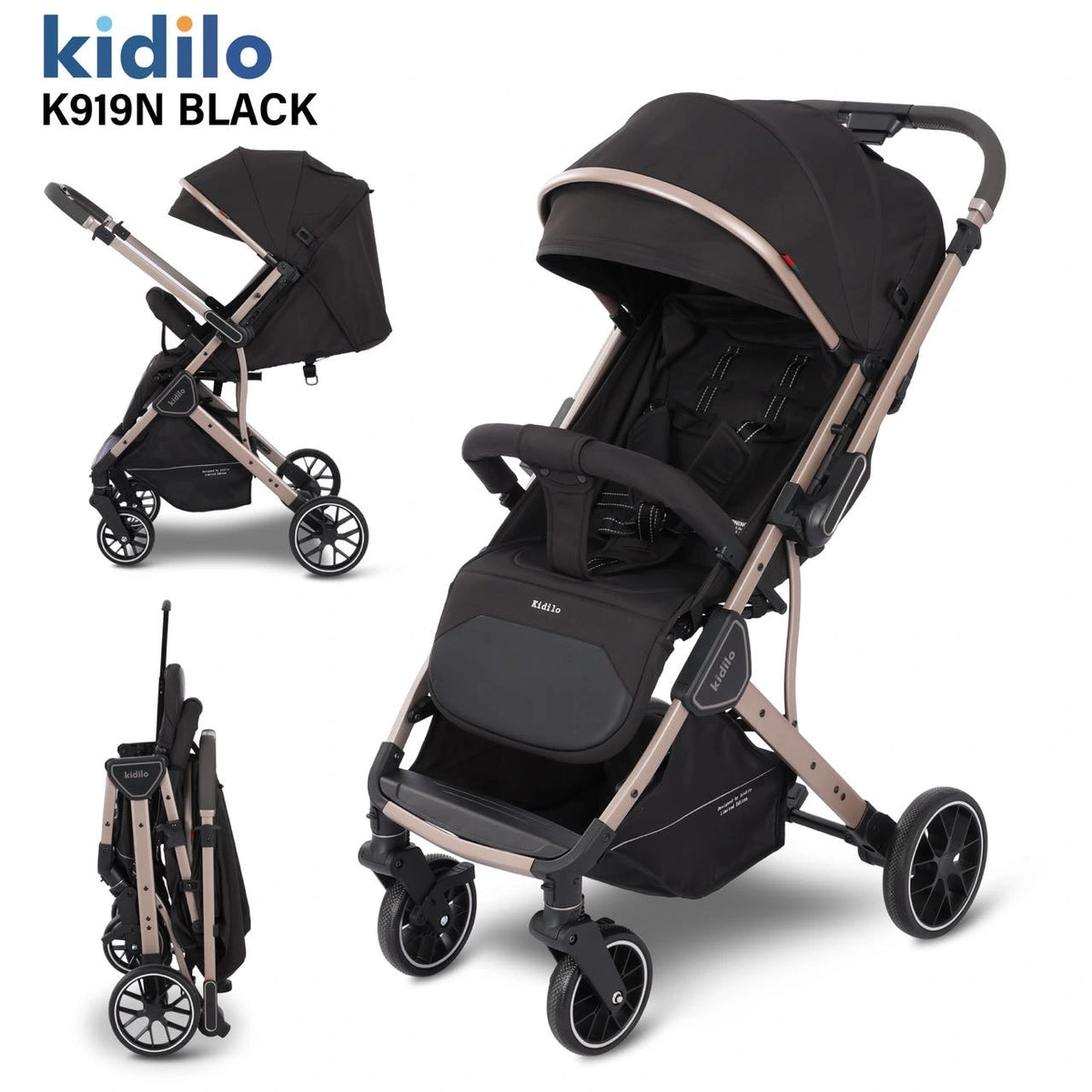 Kidilo K919N Baby Stroller – Reversible Seat, Compact Fold, Large Wheels, Adjustable Recline & Extendable Canopy