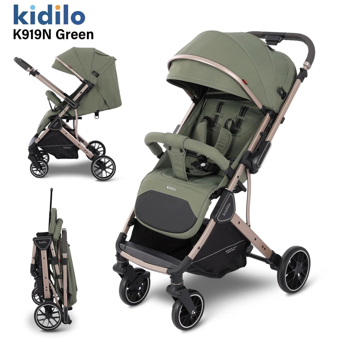 Kidilo K919N Baby Stroller – Reversible Seat, Compact Fold, Large Wheels, Adjustable Recline & Extendable Canopy
