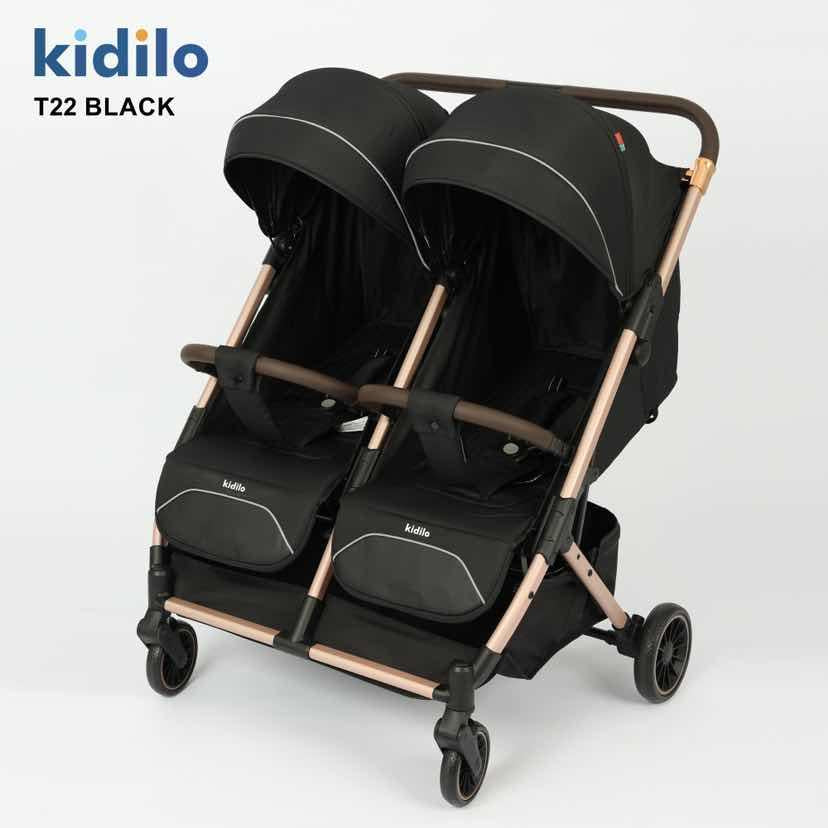 Kidilo T22 Twin Baby Stroller – Foldable Side-by-Side Double Pushchair with Dual Canopies & Spacious Storage