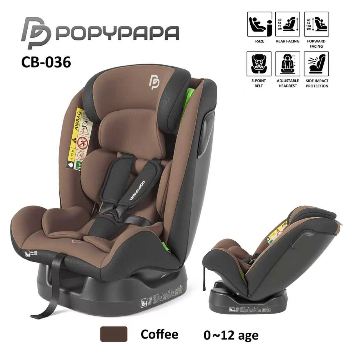 PopyPapa CB-036 i-Size Baby & Child Car Seat – Rear & Forward Facing, 5-Point Harness & Side Impact Protection