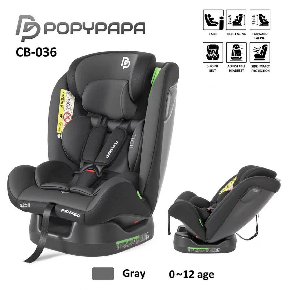 PopyPapa CB-036 i-Size Baby & Child Car Seat – Rear & Forward Facing, 5-Point Harness & Side Impact Protection