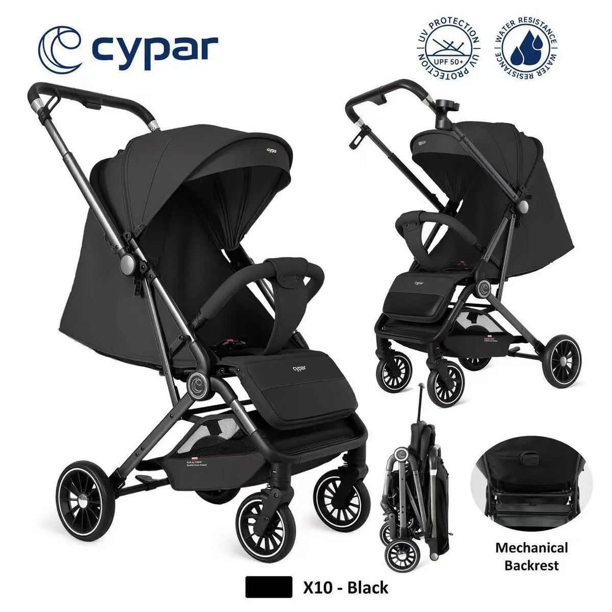 Cypar X10 Baby Stroller | Compact Foldable Baby Pushchair with Adjustable Mechanical Backrest | Extendable Canopy with UPF 50+ UV Protection | Water-Resistant Fabric | Large Rear Wheels | Storage Basket