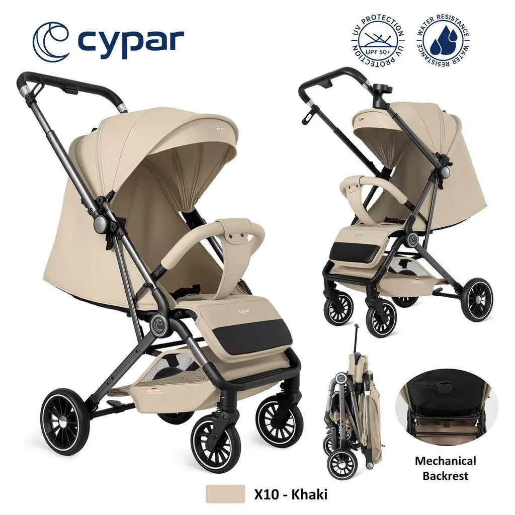 Cypar X10 Baby Stroller | Compact Foldable Baby Pushchair with Adjustable Mechanical Backrest | Extendable Canopy with UPF 50+ UV Protection | Water-Resistant Fabric | Large Rear Wheels | Storage Basket