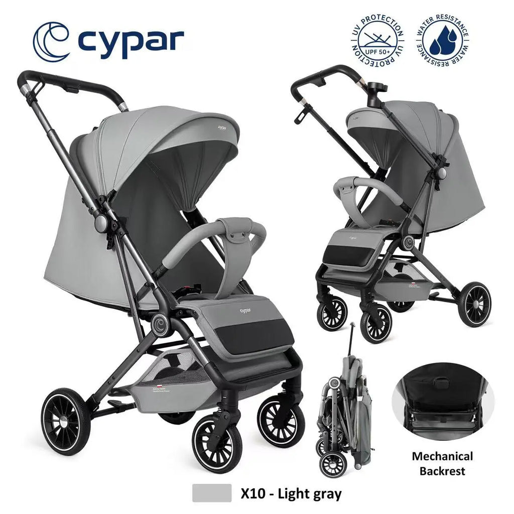 Cypar X10 Baby Stroller | Compact Foldable Baby Pushchair with Adjustable Mechanical Backrest | Extendable Canopy with UPF 50+ UV Protection | Water-Resistant Fabric | Large Rear Wheels | Storage Basket