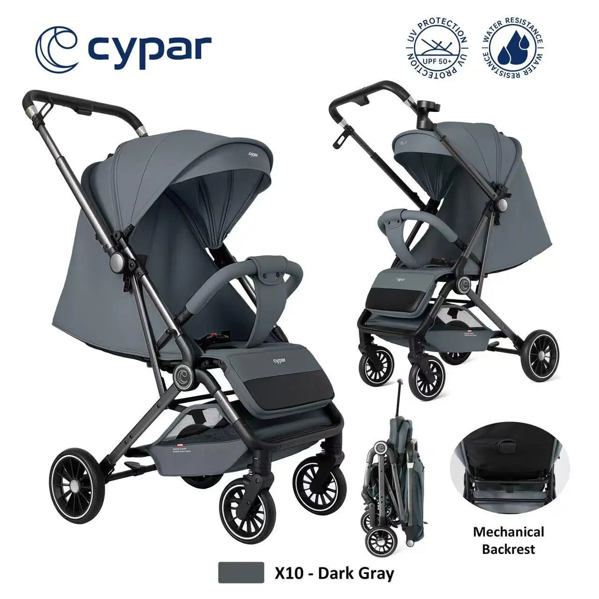 Cypar X10 Baby Stroller | Compact Foldable Baby Pushchair with Adjustable Mechanical Backrest | Extendable Canopy with UPF 50+ UV Protection | Water-Resistant Fabric | Large Rear Wheels | Storage Basket