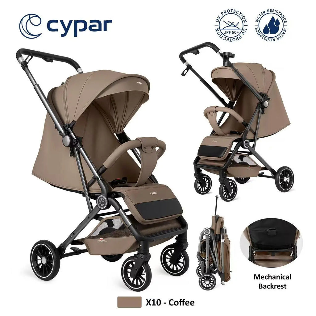 Cypar X10 Baby Stroller | Compact Foldable Baby Pushchair with Adjustable Mechanical Backrest | Extendable Canopy with UPF 50+ UV Protection | Water-Resistant Fabric | Large Rear Wheels | Storage Basket
