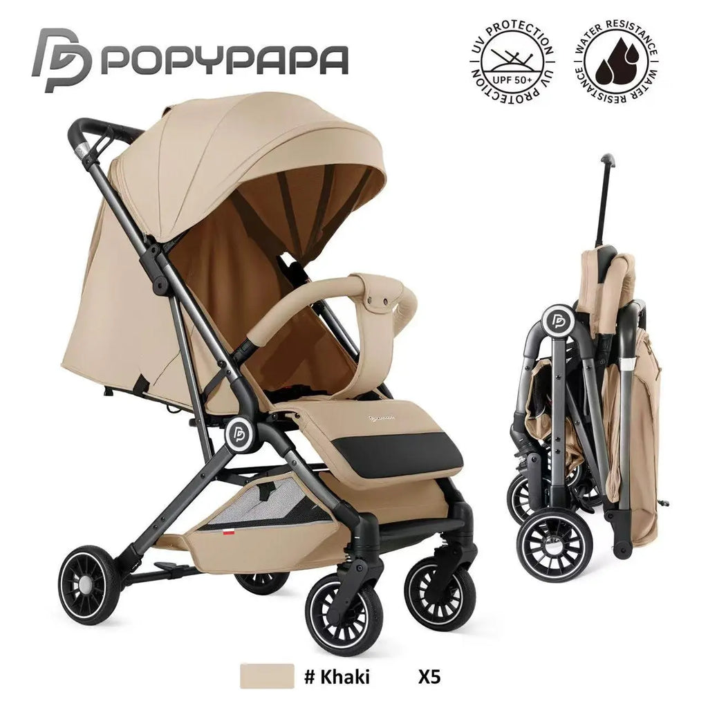 PopyPapa X5 Baby Stroller | Compact Foldable Baby Pushchair | UPF 50+ UV Protection Canopy | Water-Resistant Fabric | Adjustable Canopy | Large Rear Wheels | Under-Seat Storage Basket
