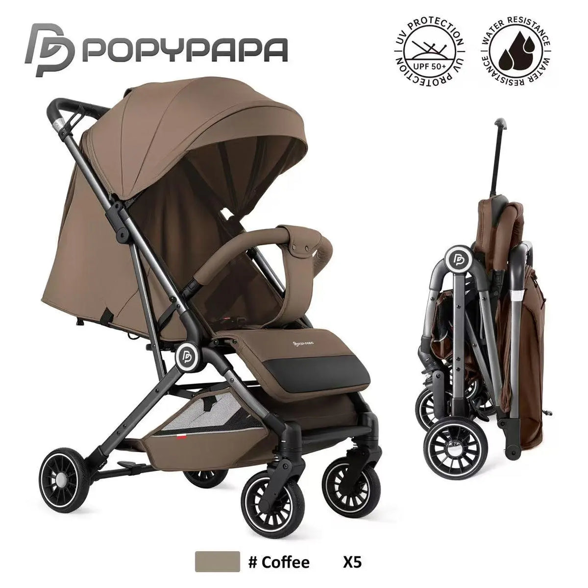 PopyPapa X5 Baby Stroller | Compact Foldable Baby Pushchair | UPF 50+ UV Protection Canopy | Water-Resistant Fabric | Adjustable Canopy | Large Rear Wheels | Under-Seat Storage Basket