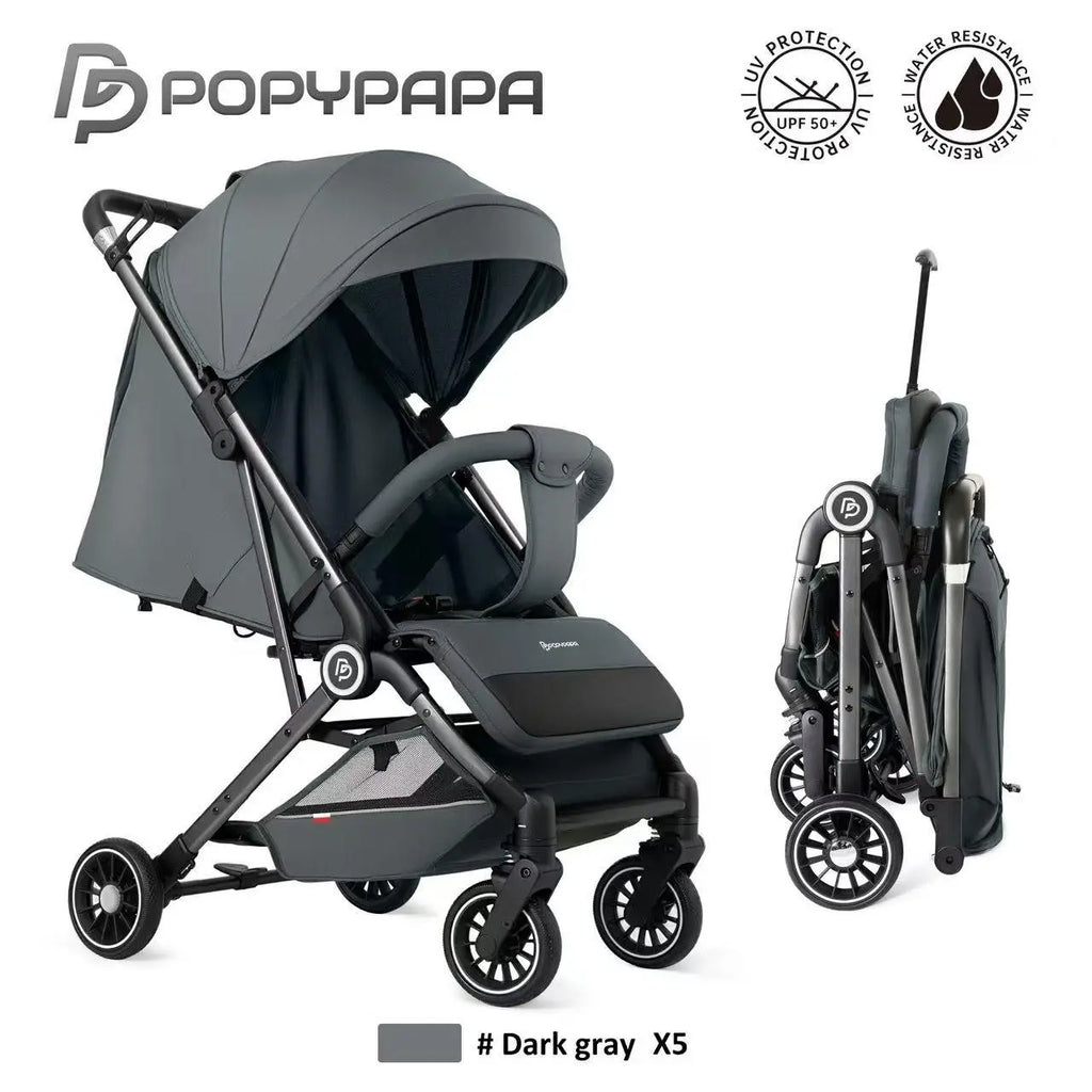 PopyPapa X5 Baby Stroller | Compact Foldable Baby Pushchair | UPF 50+ UV Protection Canopy | Water-Resistant Fabric | Adjustable Canopy | Large Rear Wheels | Under-Seat Storage Basket
