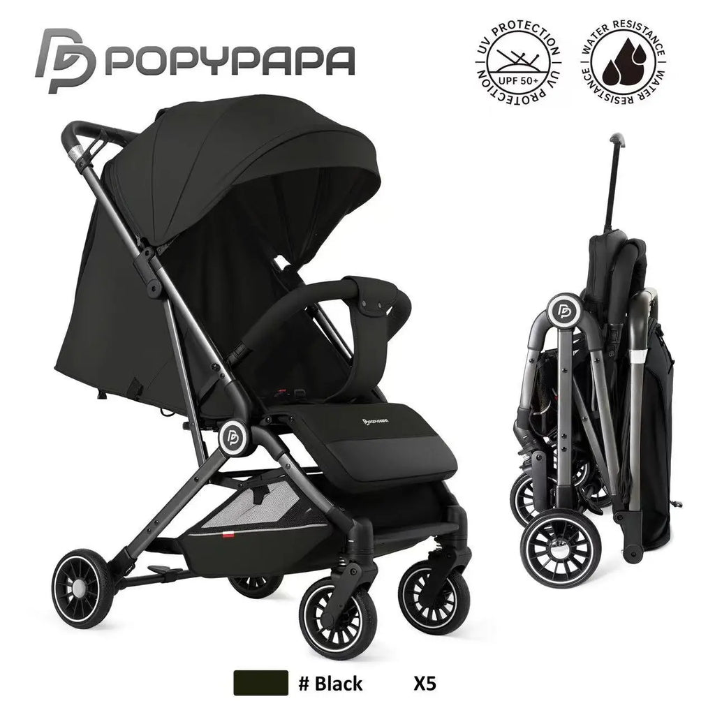 PopyPapa X5 Baby Stroller | Compact Foldable Baby Pushchair | UPF 50+ UV Protection Canopy | Water-Resistant Fabric | Adjustable Canopy | Large Rear Wheels | Under-Seat Storage Basket