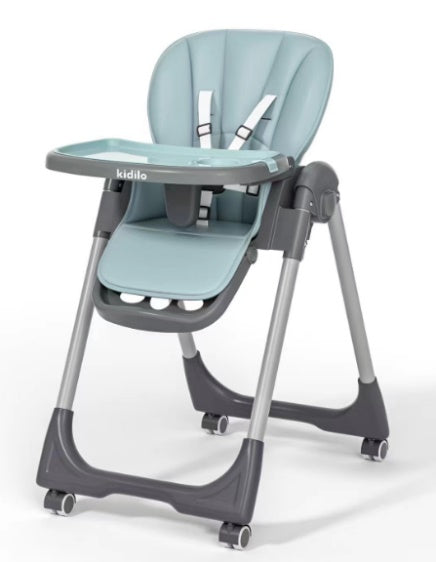 Kidilo Baby High Chair | Highchair with Lockable Wheels | Removable Feeding Tray with Cup Holder | 5-Point Safety Harness | Easy-Clean Padded Seat | Stable Frame | Compact Design for Baby & Toddler