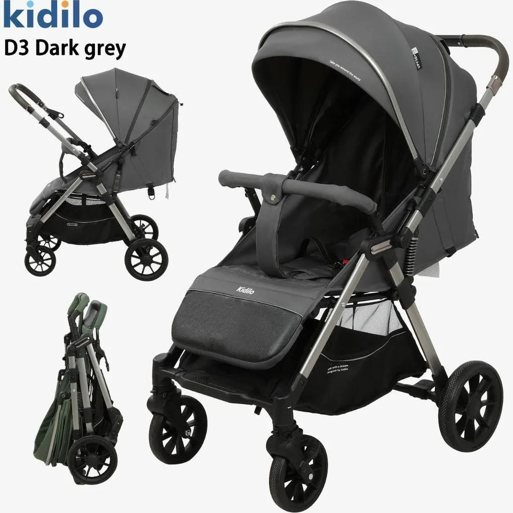 Kidilo D3 Baby Stroller | Compact One-Hand Fold | Multi-Position Recline Seat | Large Extendable Canopy | Shock-Absorbing Wheels | 5-Point Harness | Large Storage Basket