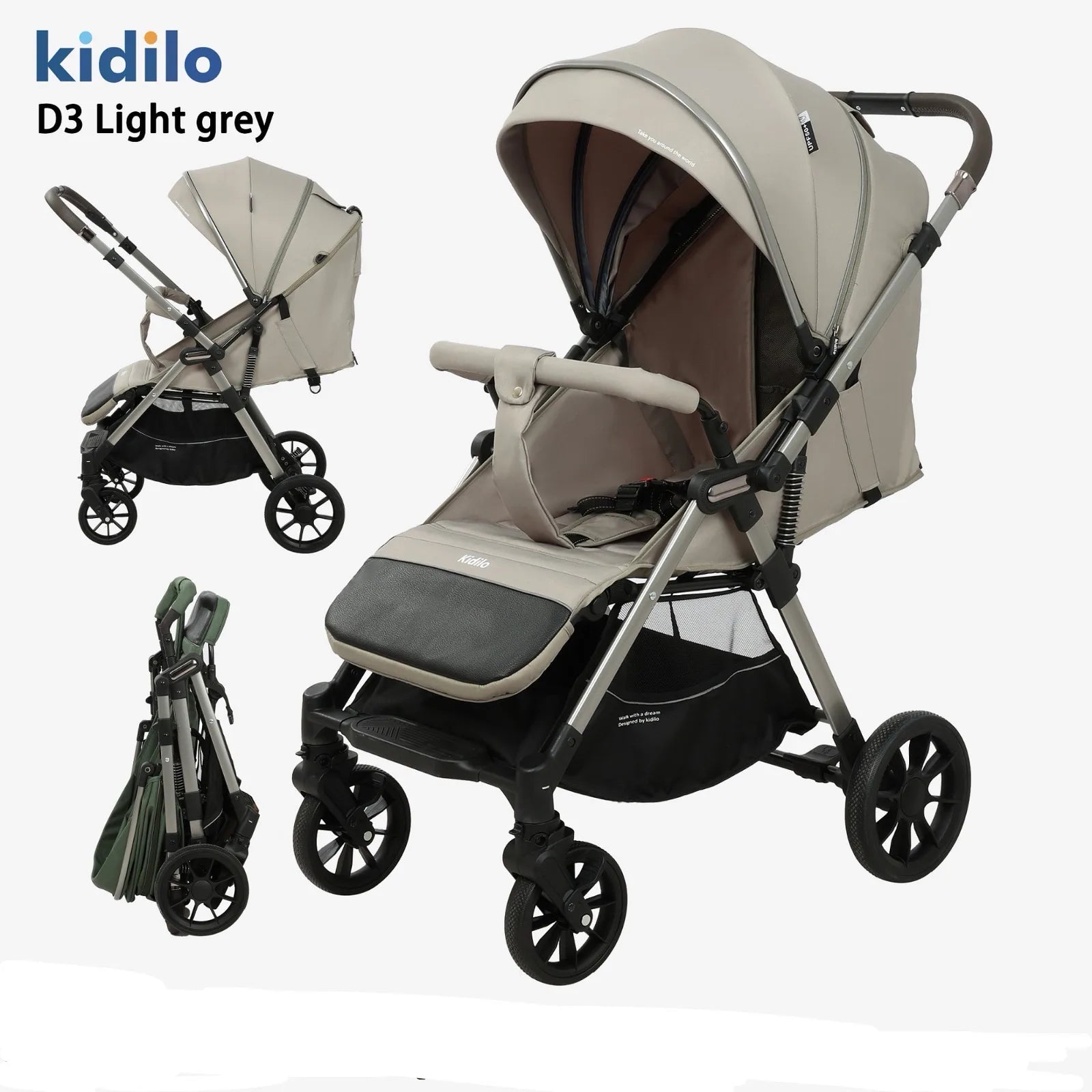 Kidilo D3 Baby Stroller | Compact One-Hand Fold | Multi-Position Recline Seat | Large Extendable Canopy | Shock-Absorbing Wheels | 5-Point Harness | Large Storage Basket