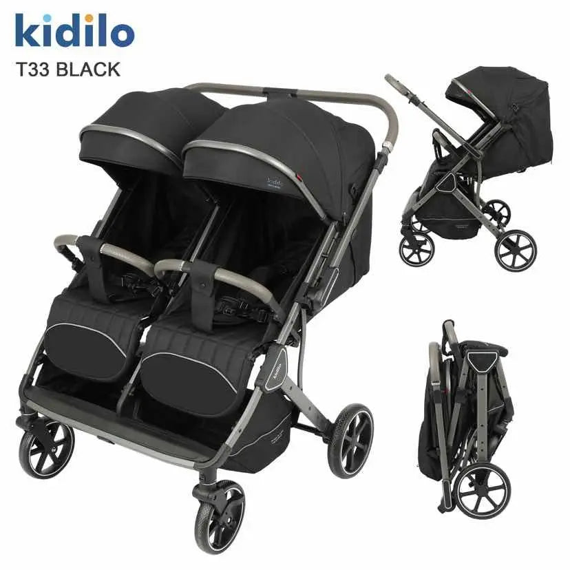 Kidilo T33 Twin Baby Stroller – Foldable Double Pushchair with Dual Reclining Seats, Large Canopies & Spacious Storage
