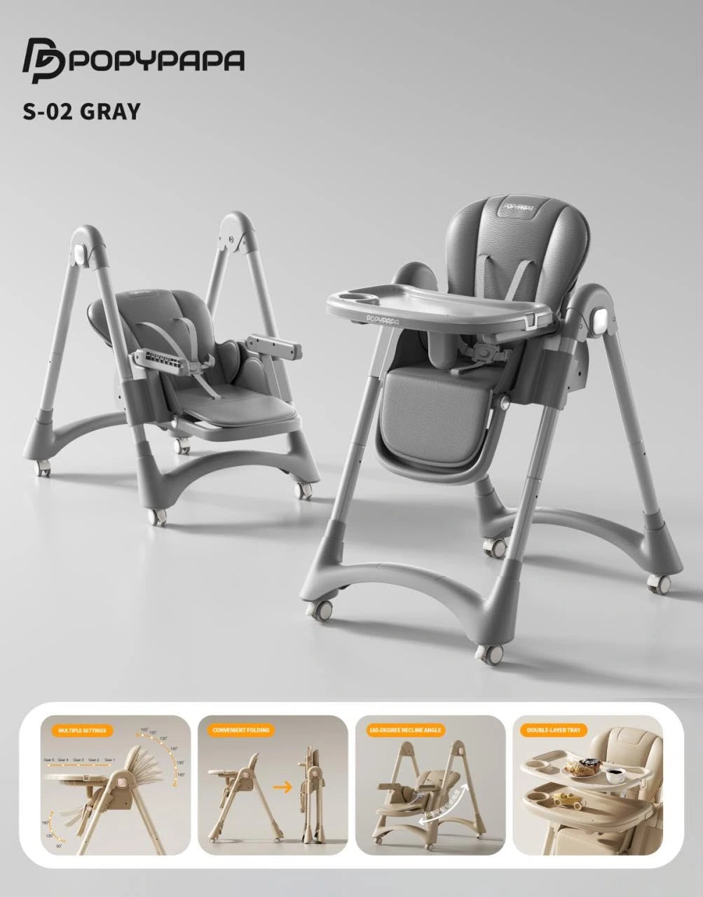 PopyPapa S-02 Baby High Chair | Adjustable Baby Feeding Chair with Reclining Backrest | Double-Layer Removable Tray | Foldable Design with Wheels | Padded Seat for Comfortable Feeding