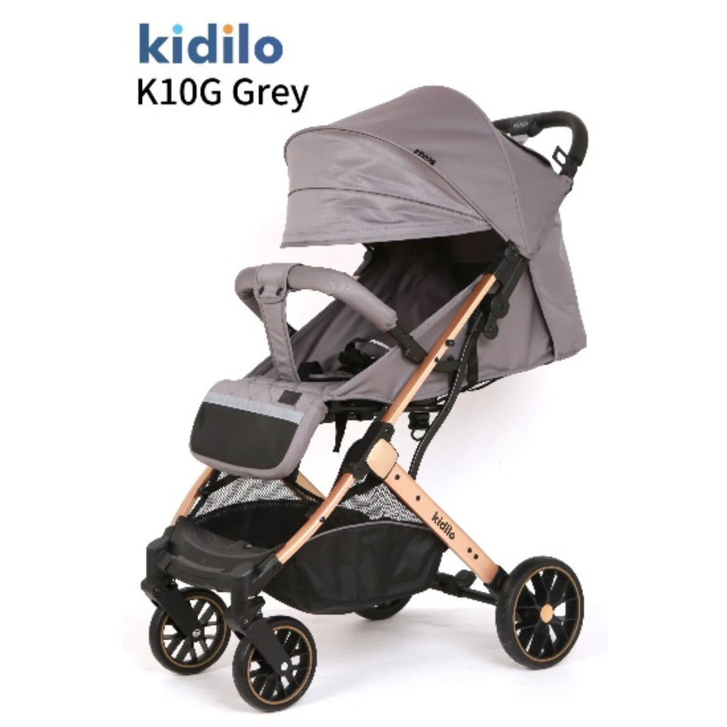 Kidilo K10G Baby Stroller | Compact One-Hand Fold | Large Sunshade Canopy | Multi-Position Recline Seat | 360° Front Swivel Wheels | Big Rear Wheels | Safety Harness | Storage Basket