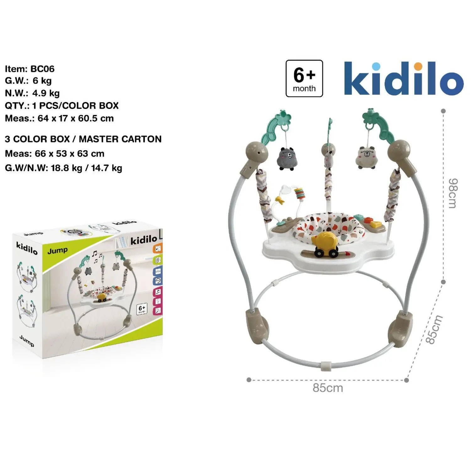 Kidilo Baby Jumper Activity Center (BC06) | Freestanding Infant Jump Station | Support Seat | Activity Play Tray | Hanging Toys | Stable 85cm Base | 98cm Height | For Babies 6+ Months