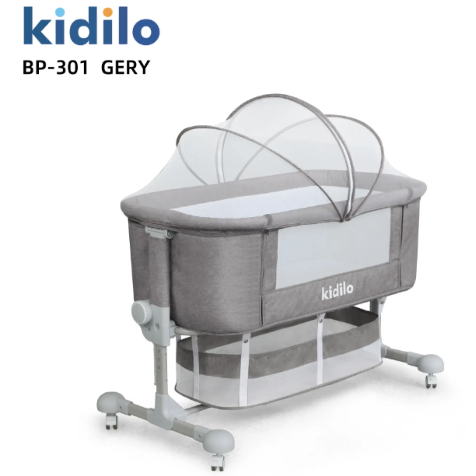 Kidilo BP-301 Bedside Baby Bassinet | Adjustable Height Sleeping Crib | Breathable Mesh Sides | Foldable Mosquito Net Canopy | Lockable Wheels | Storage Basket |