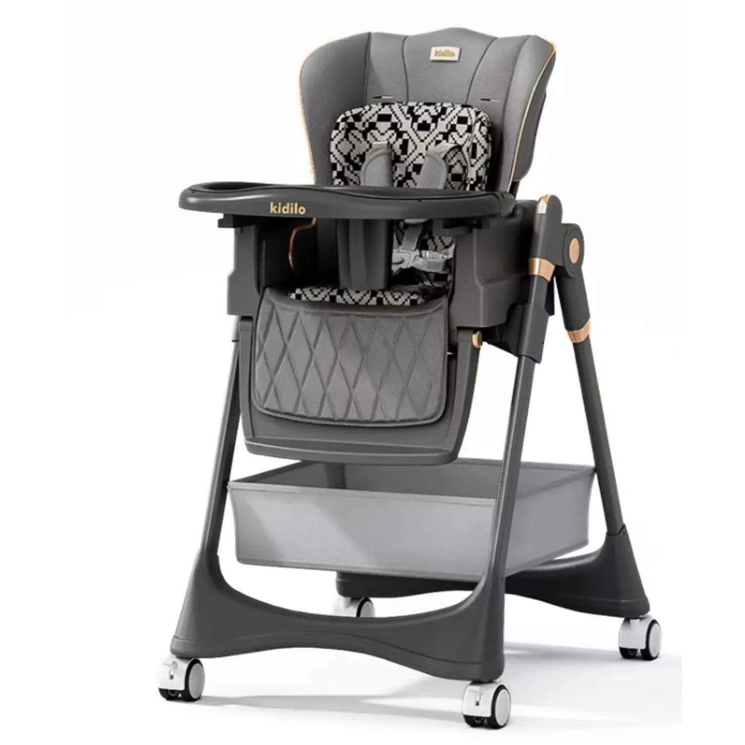 Kidilo Baby High Chair Highchair with Wheels and Large Storage Basket | Reclining Padded Seat Insert | Removable Feeding Tray with Cup Holder | 5-Point Harness