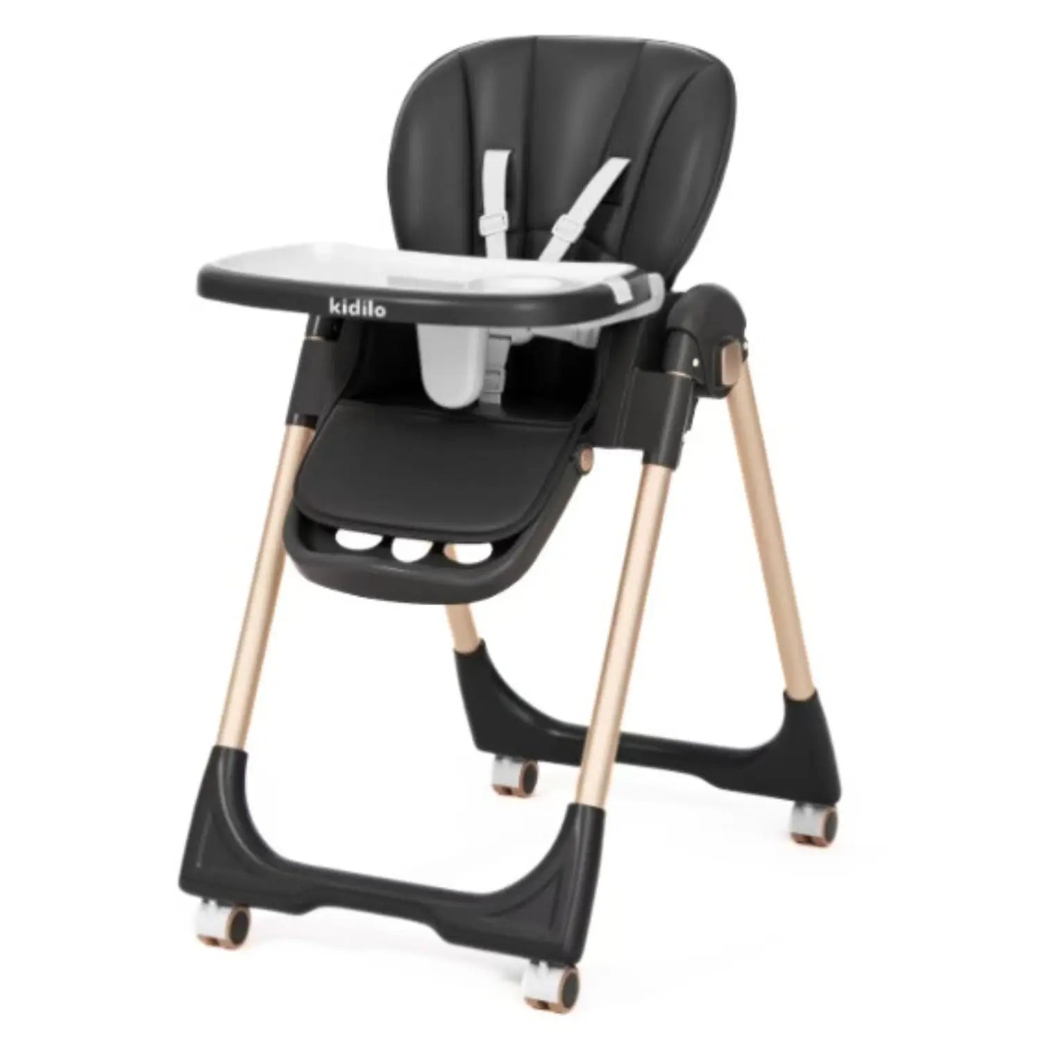 Kidilo Baby High Chair | Highchair with Lockable Wheels | Removable Feeding Tray with Cup Holder | 5-Point Safety Harness | Easy-Clean Padded Seat | Stable Frame | Compact Design for Baby & Toddler