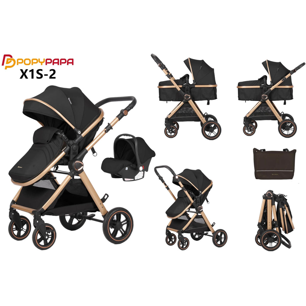 POPYPAPA X1S-2 3-in-1 Baby Travel System Stroller with Reversible Handle | Bassinet, Toddler Seat & Infant Car Seat | Lightweight Foldable All-Terrain Pram UAE