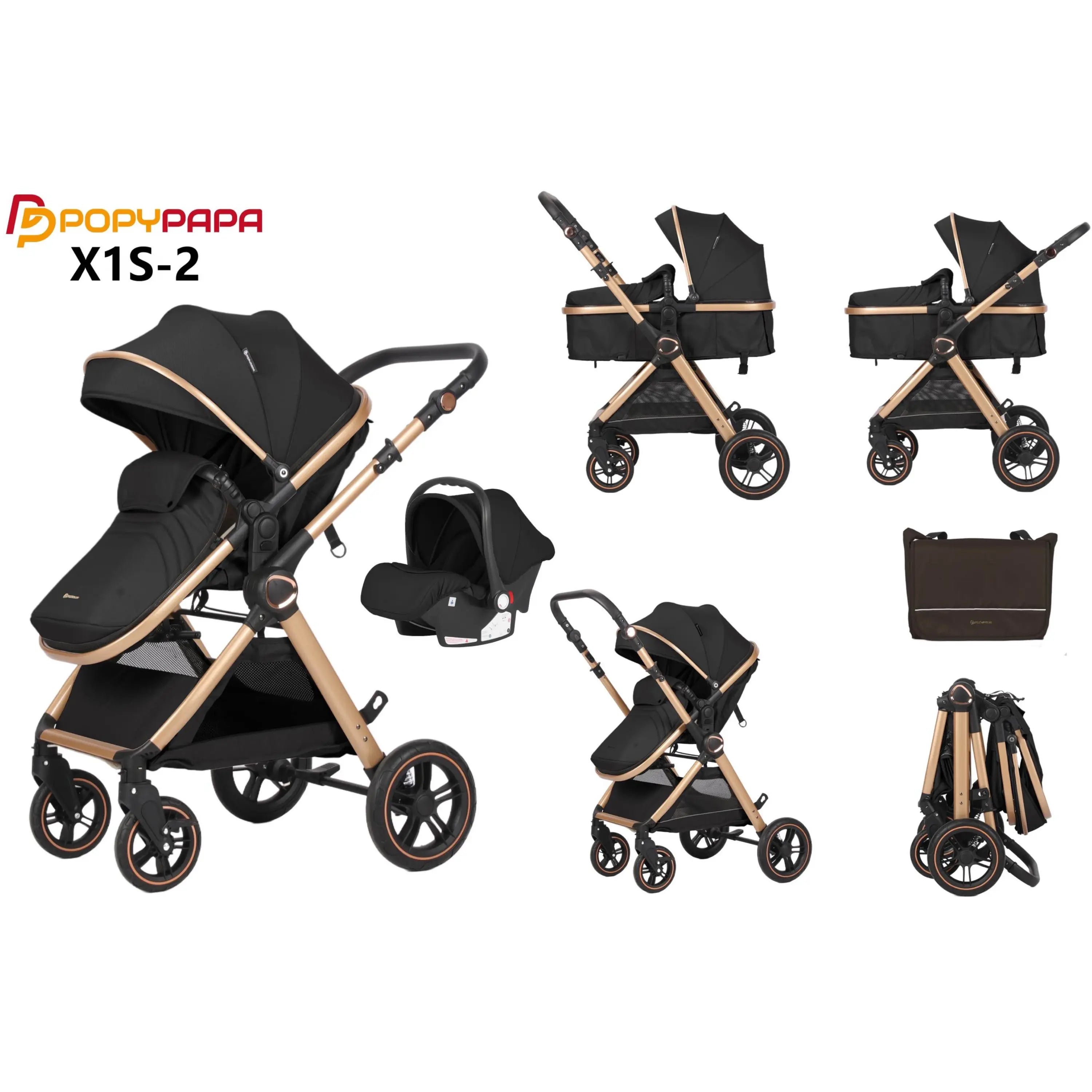 POPYPAPA X1S-2 3-in-1 Baby Travel System Stroller with Reversible Handle | Bassinet, Toddler Seat & Infant Car Seat | Lightweight Foldable All-Terrain Pram UAE