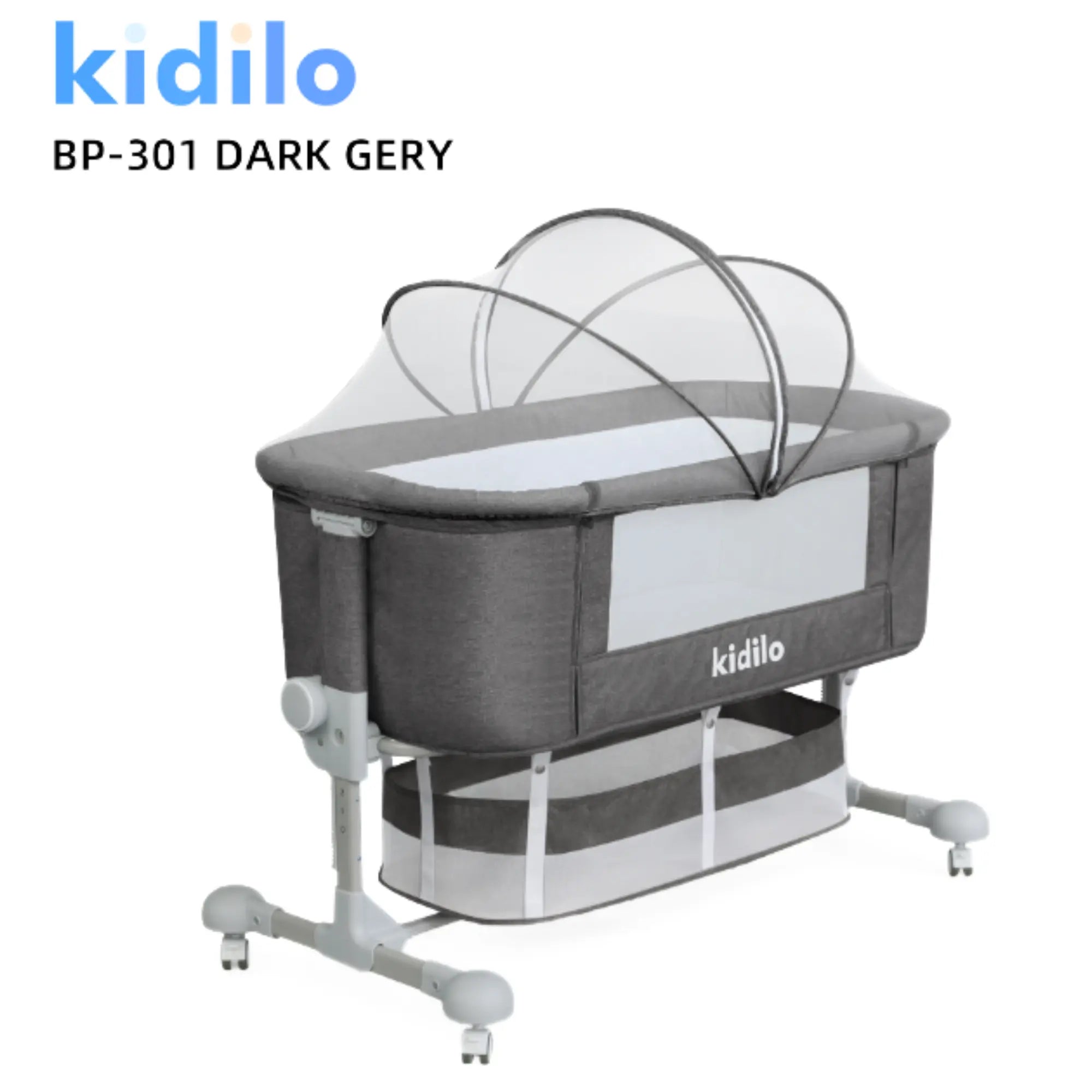 Kidilo BP-301 Bedside Baby Bassinet | Adjustable Height Sleeping Crib | Breathable Mesh Sides | Foldable Mosquito Net Canopy | Lockable Wheels | Storage Basket |