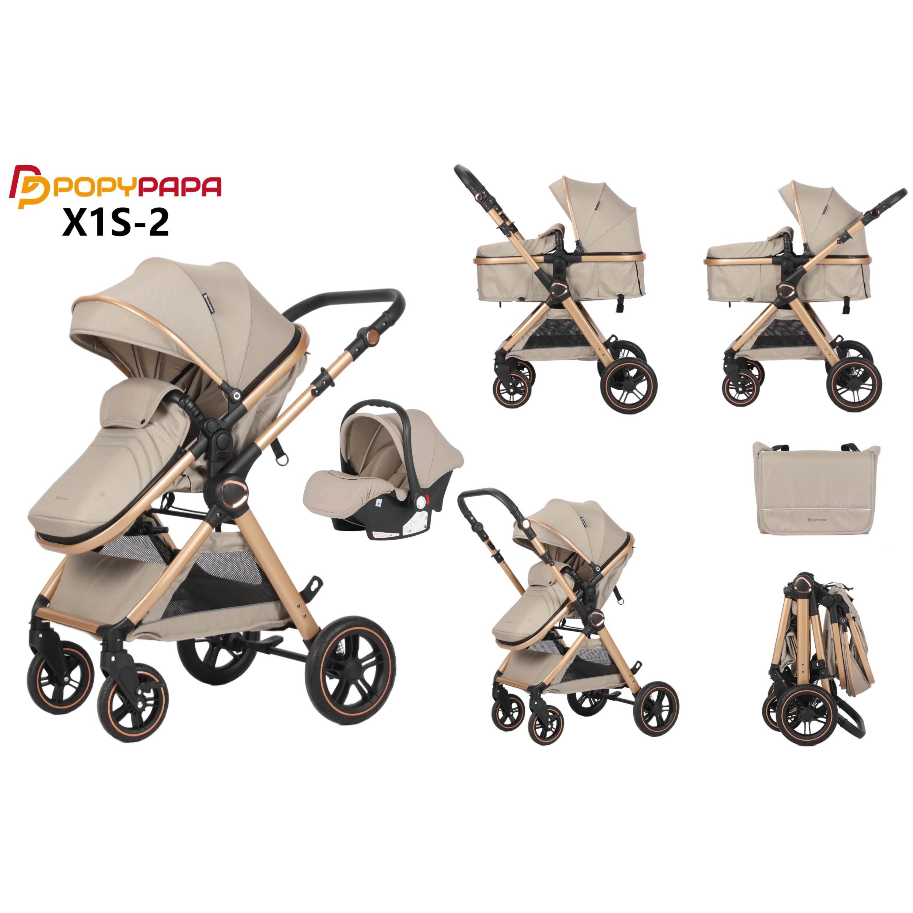 POPYPAPA X1S-2 3-in-1 Baby Travel System Stroller with Reversible Handle | Bassinet, Toddler Seat & Infant Car Seat | Lightweight Foldable All-Terrain Pram UAE