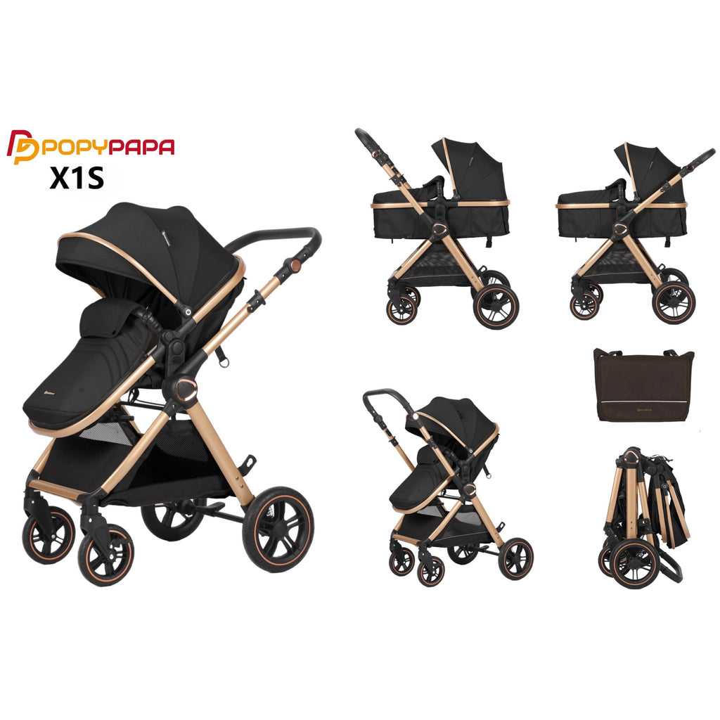 POPYPAPA X1S 2-in-1 Baby Travel System Stroller with Reversible Handle | Bassinet & Toddler Seat | Lightweight Foldable All-Terrain Pram UAE