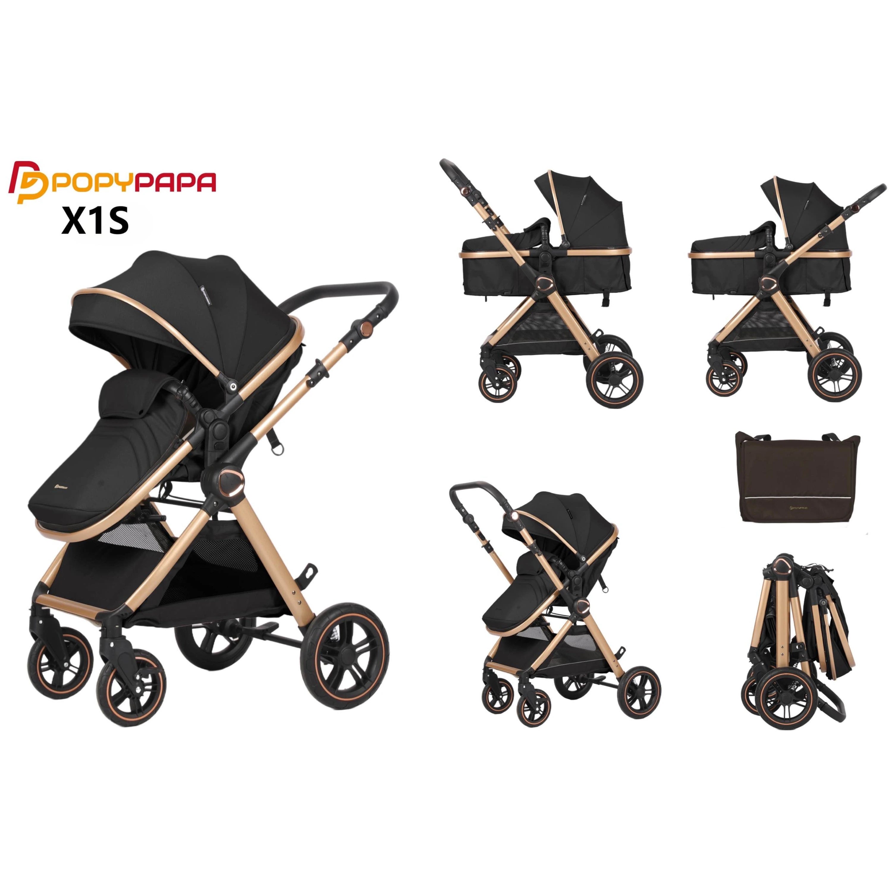 POPYPAPA X1S 2-in-1 Baby Travel System Stroller with Reversible Handle | Bassinet & Toddler Seat | Lightweight Foldable All-Terrain Pram UAE