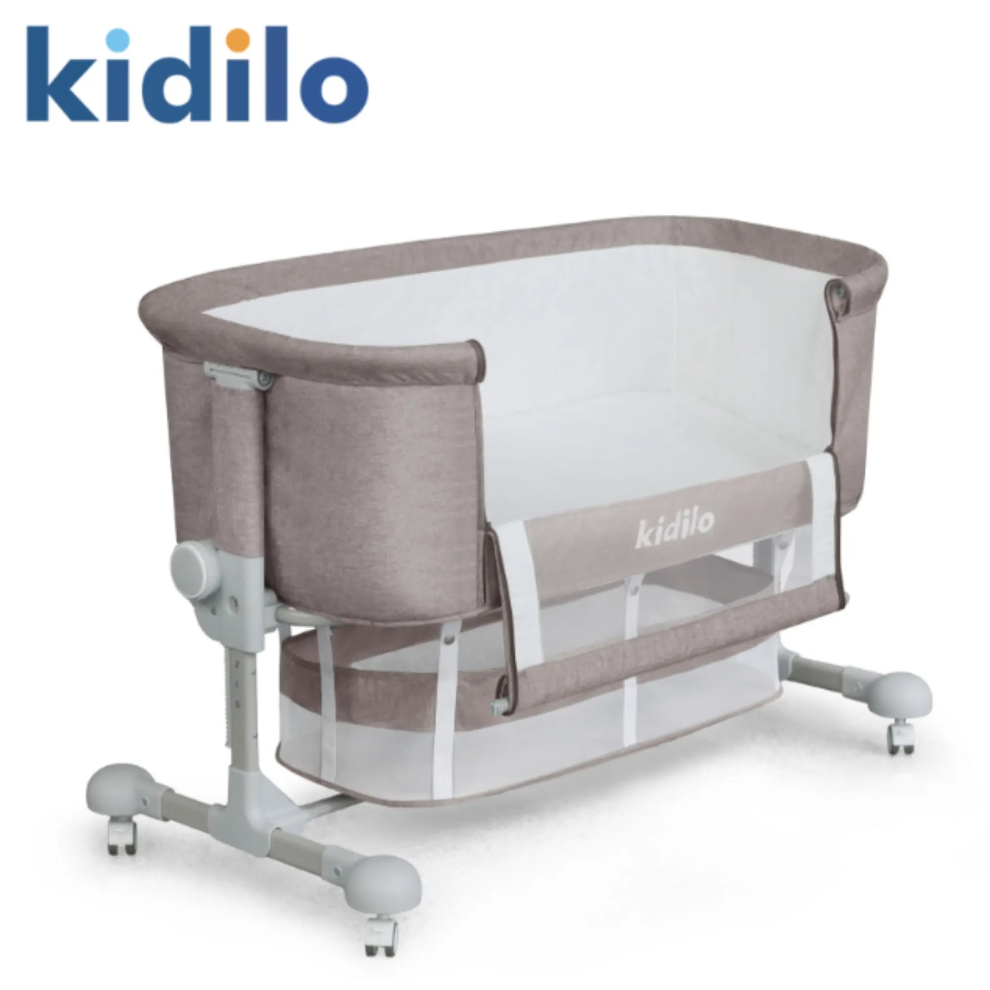 Kidilo BP-301 Bedside Baby Bassinet | Adjustable Height Sleeping Crib | Breathable Mesh Sides | Foldable Mosquito Net Canopy | Lockable Wheels | Storage Basket |