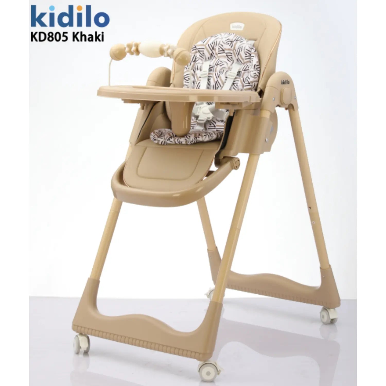 Kidilo KD805 Baby High Chair | Reclining Seat with Padded Insert | Detachable Double Feeding Tray & Toy Bar | 5-Point Safety Harness | Lockable Rolling Wheels | Easy-Clean Design | Wide Stable Base