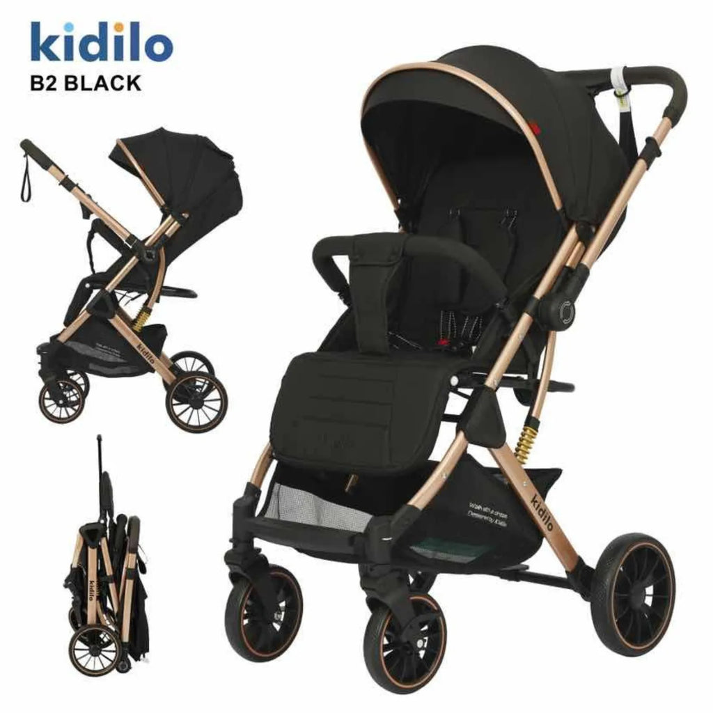 Kidilo B2 Baby Stroller with Large Rear Wheels, Compact Fold, Sun Canopy, Safety Harness, Shock Absorbing Design, Front Swivel Wheels, Spacious Storage Basket, Comfortable Seat for Daily Travel