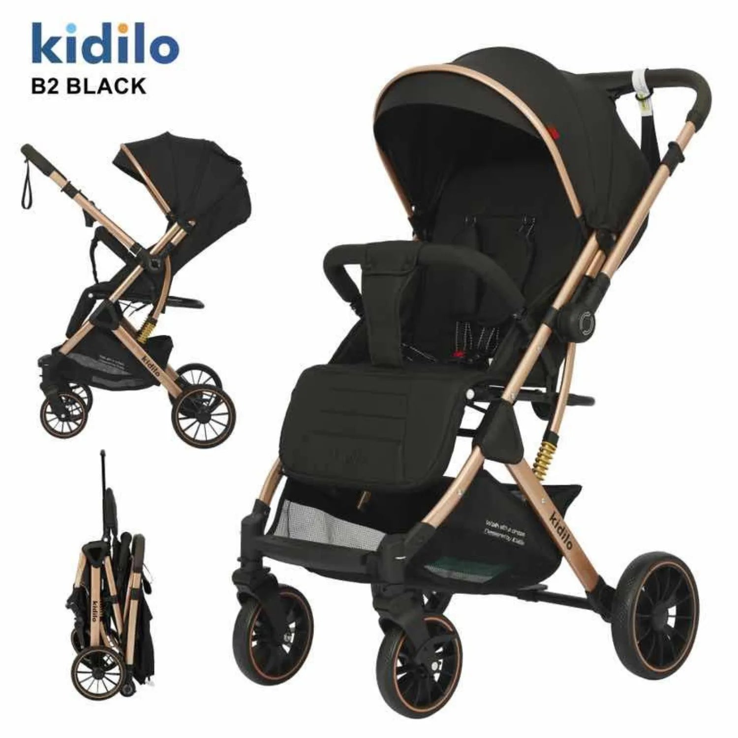 Kidilo B2 Baby Stroller with Large Rear Wheels, Compact Fold, Sun Canopy, Safety Harness, Shock Absorbing Design, Front Swivel Wheels, Spacious Storage Basket, Comfortable Seat for Daily Travel