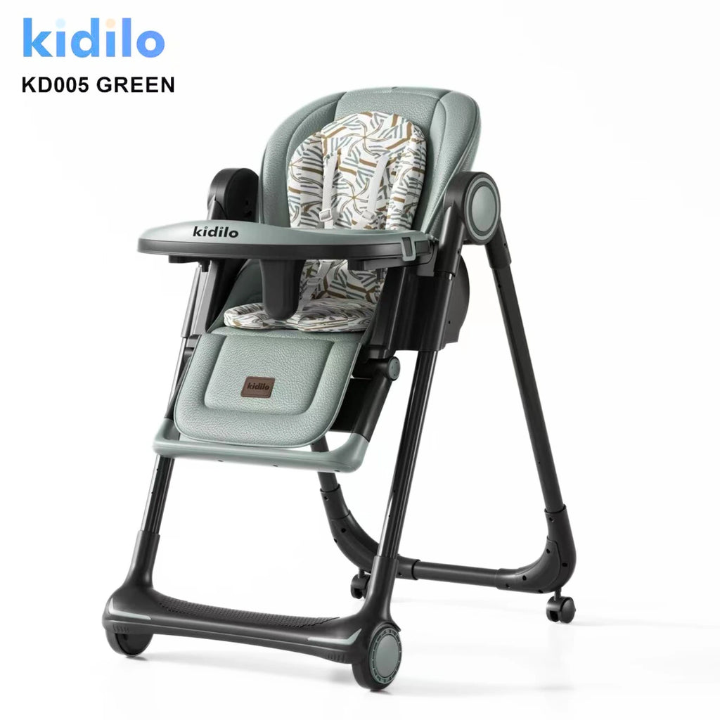 Kidilo KD005 Baby High Chair | Adjustable Reclining Feeding Chair With Removable Tray | 5-Point Safety Harness | Cushioned Seat Pad & Footrest | Smooth Rolling Wheels With Brakes | Easy-Clean Design