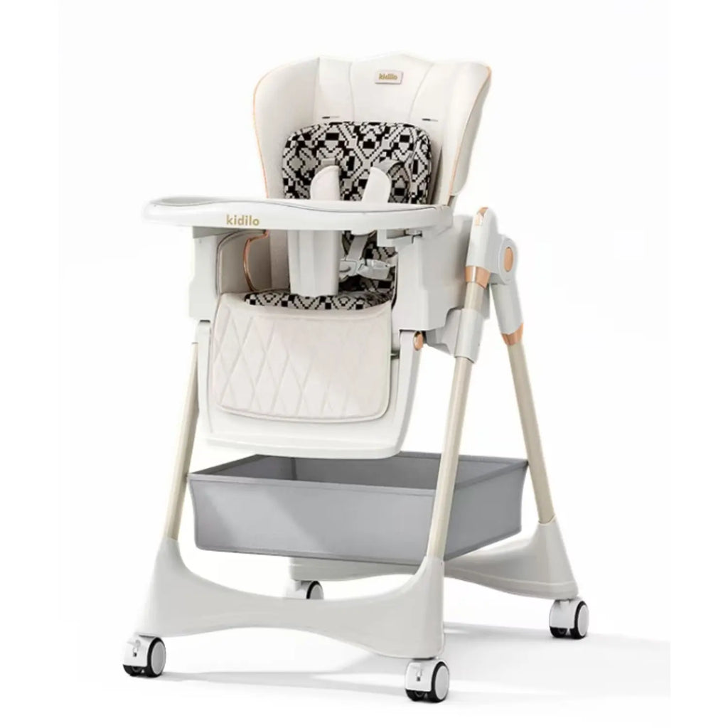 Kidilo Baby High Chair Highchair with Wheels and Large Storage Basket | Reclining Padded Seat Insert | Removable Feeding Tray with Cup Holder | 5-Point Harness